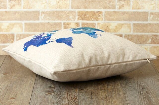 クッションカバー 45×45cm 世界地図 天然リネン ブルーワールド