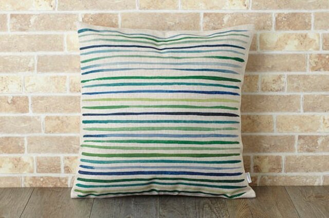 クッションカバー 45×45cm 北欧 天然リネン グリーンボーダー ミント jubileecushionse272aの画像1枚目