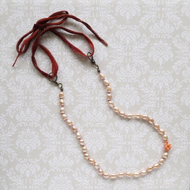 ピンク淡水パールの2WAYネックレスn-2413