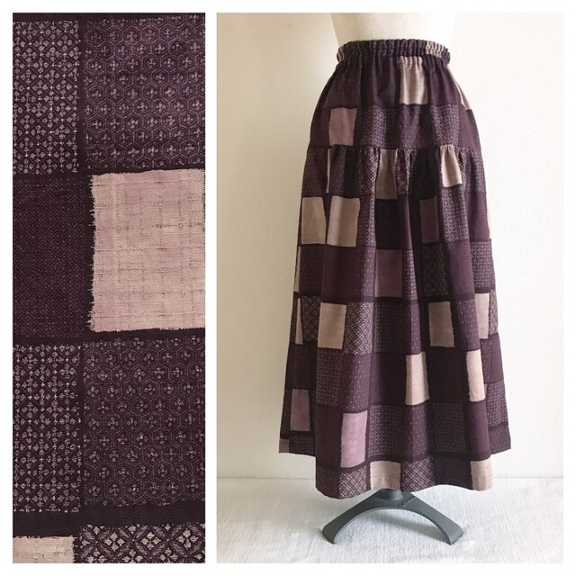 【和柄】85cm：はんなりと華やかなモダン柄ティアードスカート（絣パッチワーク：モーヴ）