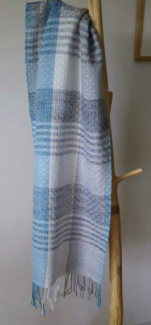 手織りストール／コットン×ラミー／ブルー系ミックス