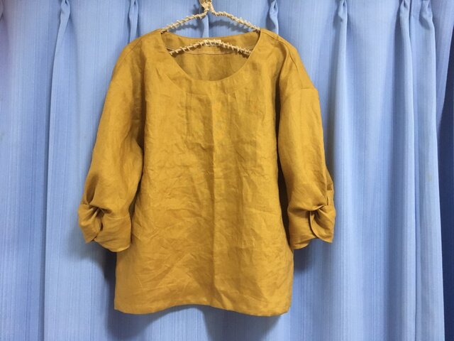 ツイストスリーブブラウス★マスタード★リネン100の画像1枚目