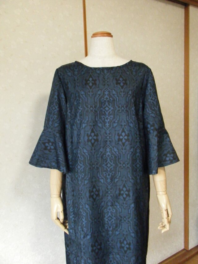 大島紬リメイク袖口フレアーワンピース