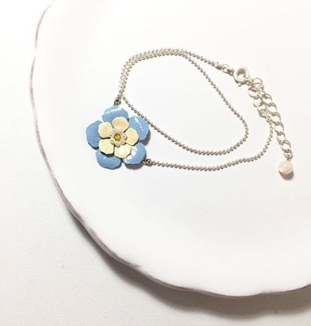 青いお花の2連ブレスレット シルバーの画像1枚目