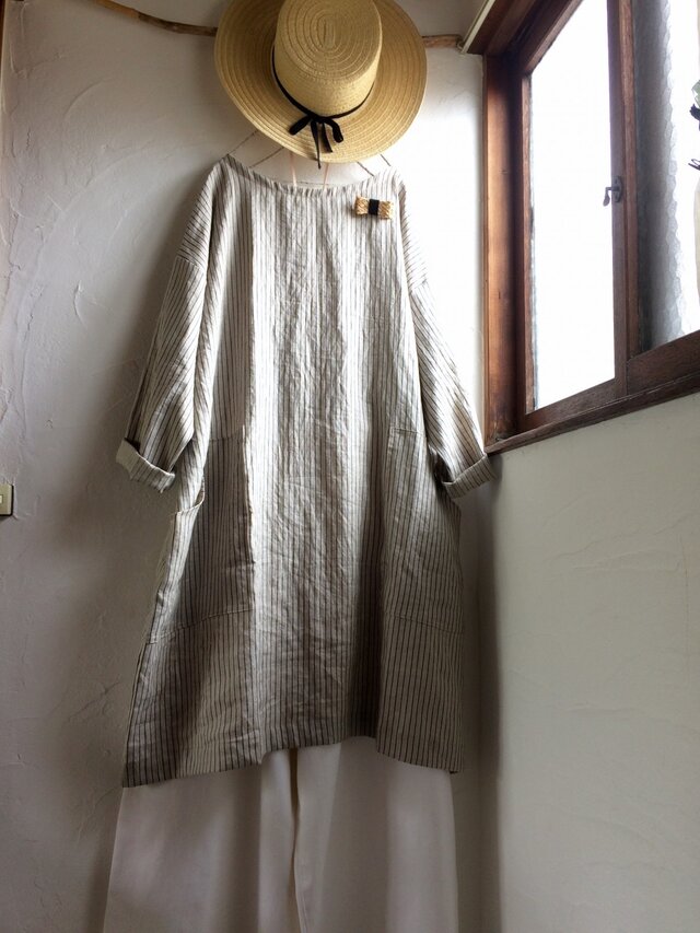 リネン100 ビックポケットワンピース 　シックストライプ