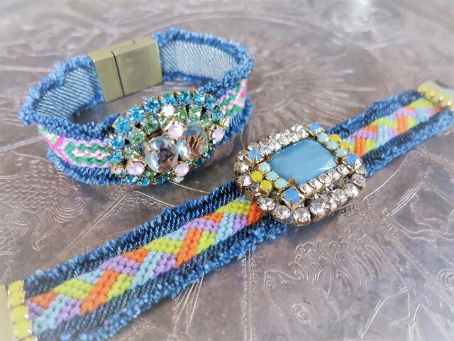 ヴィンテージビジュー デニムミサンガ ブレスレット vintage micanga <MDB-RBb8>の画像1枚目