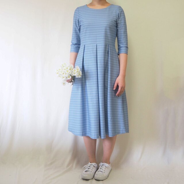 【S】アーミッシュ風シンプルワンピース◇七分袖（水色ボーダー）*デニム調*