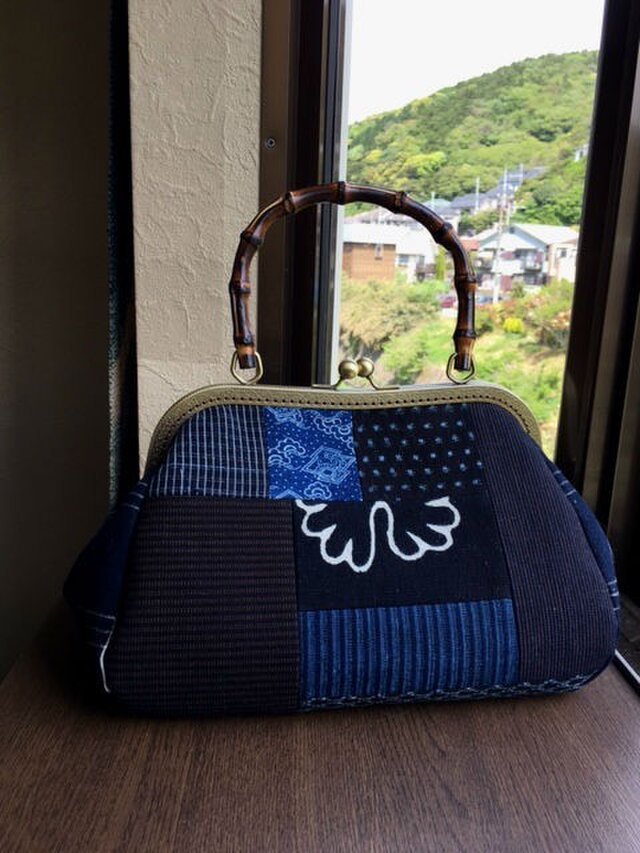古布の竹の手がま口手提げ　Lサイズ