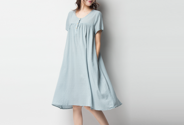 綿麻生地 軽やか半袖ワンピース ♪Blue♪の画像1枚目