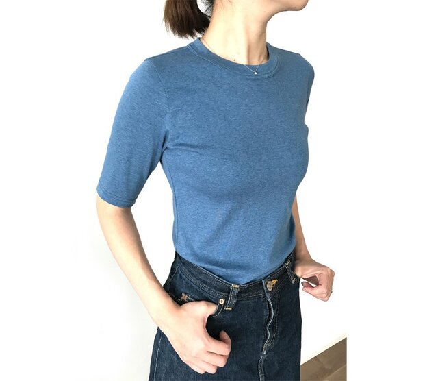 日本製オーガニックコットン 形にこだわった大人の4分袖無地Tシャツ アッシュブルー【サイズ展開有】の画像1枚目