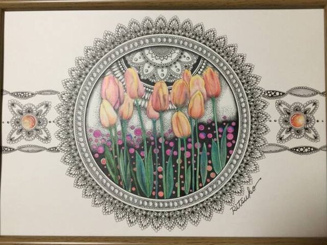 原画 肉筆 一点もの ボールペンアート チューリップ 額装付き