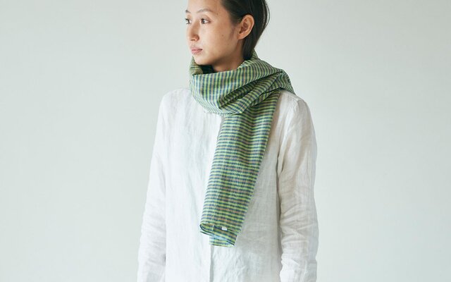 【在庫限りSALE】リネンコットン 先染めチェックストール green×blueの画像1枚目