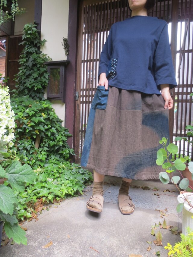 木綿リメイクスカート☆着やすい気持ちいい楽しい染め布スカート80㎝丈