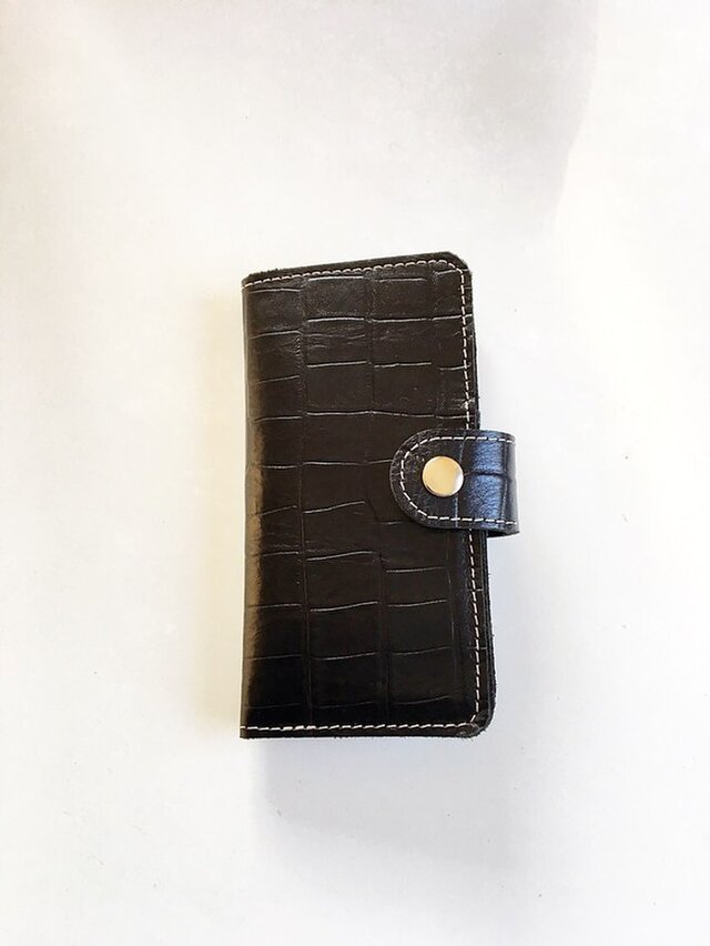 クロコダイル 型押し 本革 レザー スマホカバー 手帳タイプ ブラックの画像1枚目