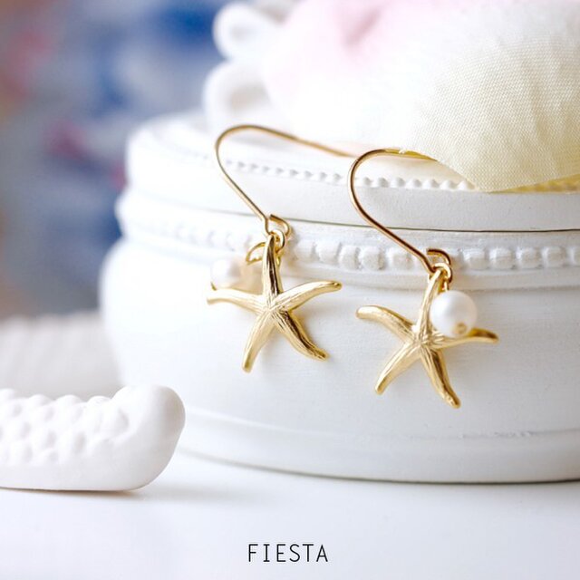 【14kgf】ヒトデと淡水パールのフックピアス（イヤリング可）