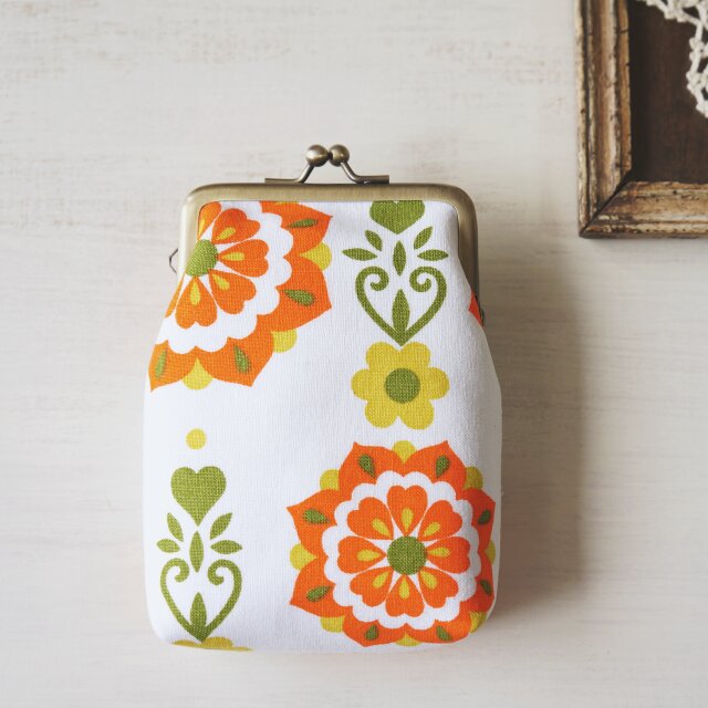 ■ヴィンテージ生地のがま口カードケース / オレンジとモスグリーン■ chat (vf-wog)