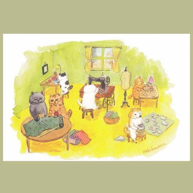 カマノレイコ オリジナル猫ポストカード「制作の時間」2枚セットの画像1枚目