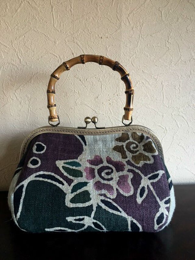 麻のバティックのがま口手提げ　B　