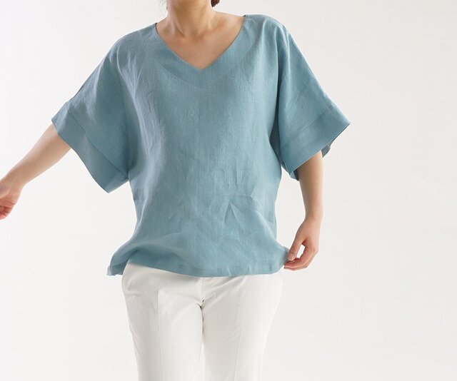 【wafu】薄地 雅亜麻 リネン ブラウス Vネック ドロップショルダー チュニック トップス /浅縹色 t016b-ash1の画像1枚目