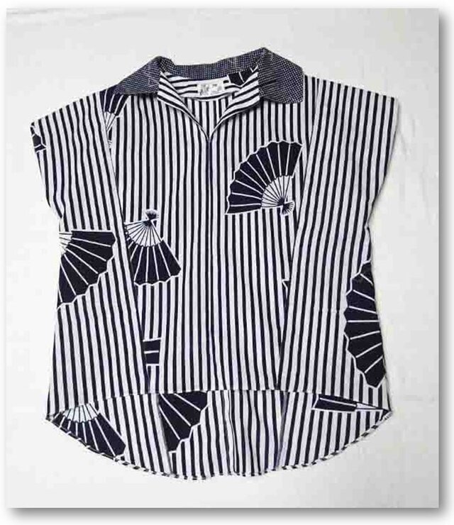 23レトロ可愛い浴衣抜き衿プルオーバーシャツ（扇子）