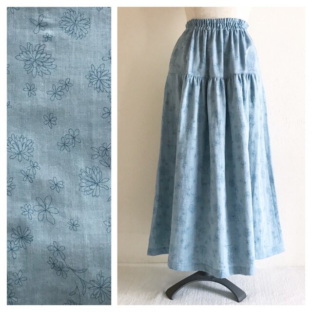 やわらかなダブルガーゼのティアードスカート（ダンガリーフラワー：ブルー）