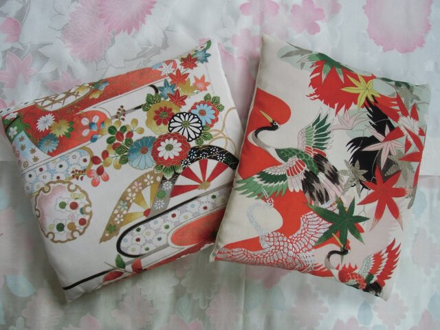 値下〗鶴とお花の七五三 miniクッション 2種類1セット 七五三着物
