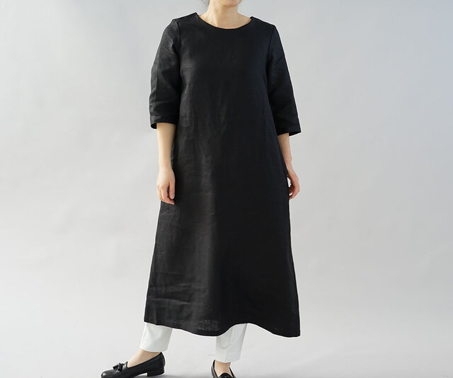 【wafu】中厚 リネン ワンピース ロング丈 ラウンドネック Aライン 7分袖 ドレス / ブラック a032d-bck2の画像1枚目