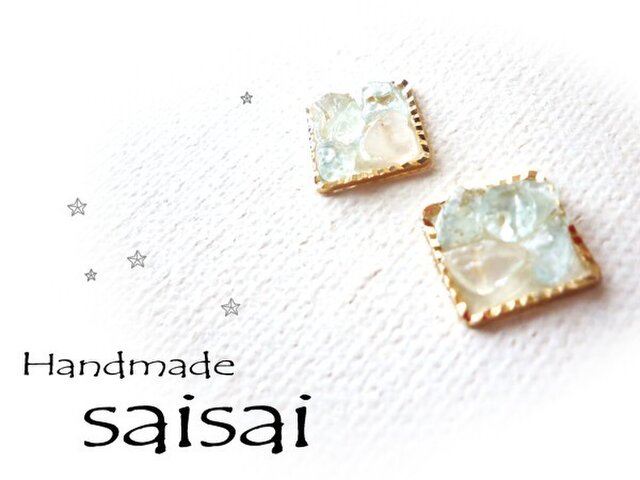 天然石 **アクアマリン** スクエアピアスの画像1枚目