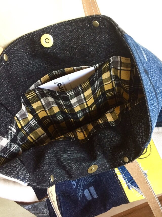 新作着画☆デニム&倉敷8号帆布トートバッグ Mサイズ yellow白革