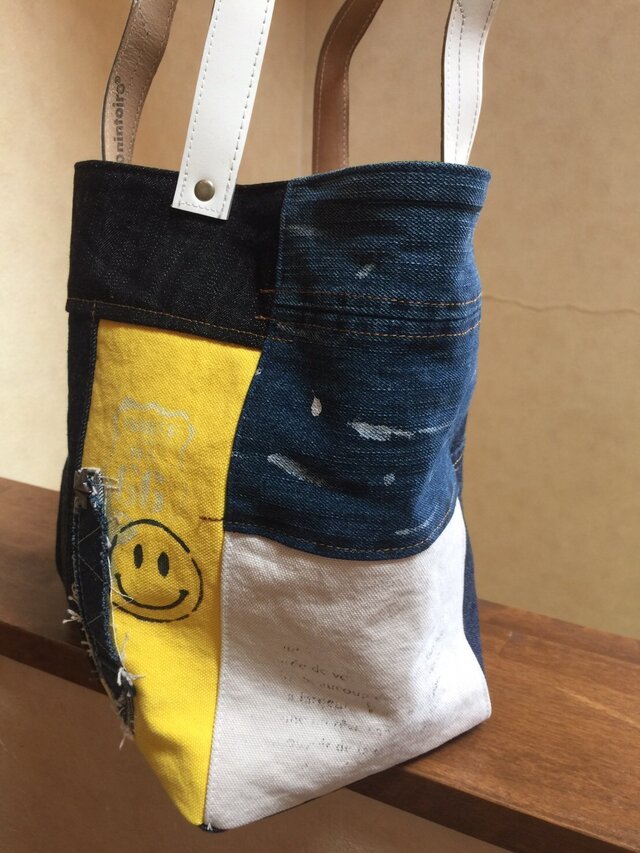 新作着画☆デニム&倉敷8号帆布トートバッグ Mサイズ yellow白革