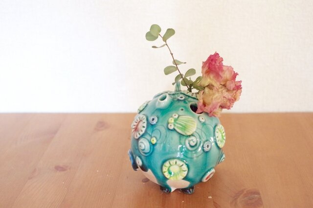 ふぐ花器(青緑)の画像1枚目