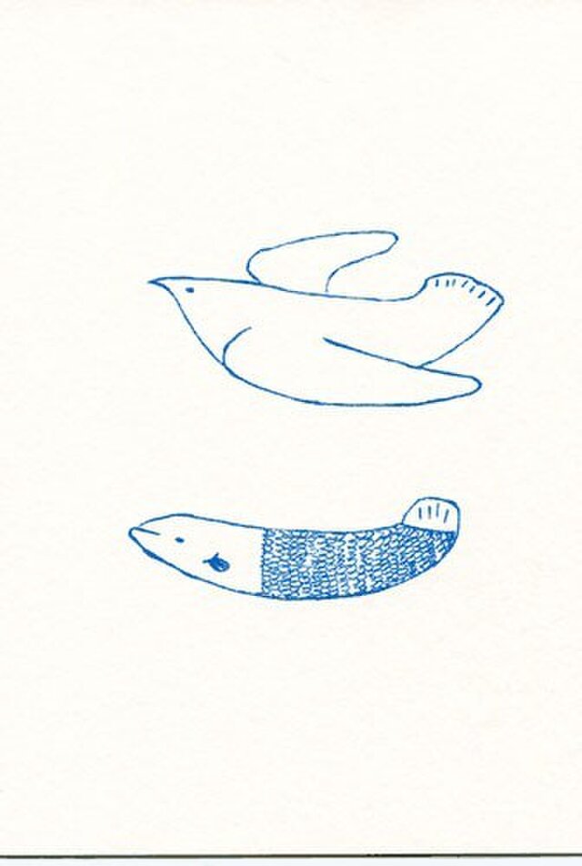 ガリ版ポストカード2枚セット 鳥と魚の画像1枚目