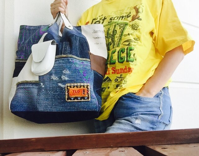 送料無料☆デニム&倉敷8号帆布トートバッグ Lサイズ tribal白革