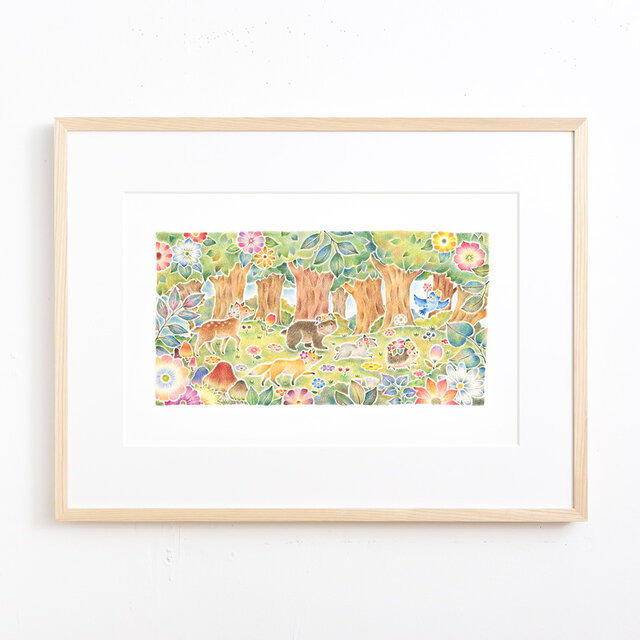絵のある暮らし。大きな額装アートプリント "みんなでおさんぽ、花咲く森で" FAP-A3N323 送料無料の画像1枚目