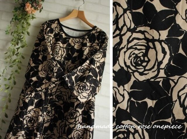 LL 黒×ベージュ バラ 綿100%ドルマン袖 シンプルOP 大きい花柄 薔薇 ローズ roseの画像1枚目