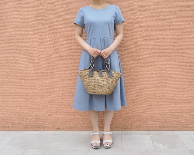 【S】アーミッシュ風シンプルワンピース◇半袖(青・細ストライプ)*定番生地*の画像1枚目