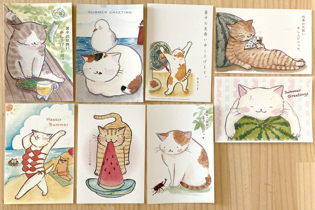 iichi　猫のポストカード：夏：お得８枚セット　日々の暮らしを心地よくするハンドメイドやアンティークのマーケットプレイス