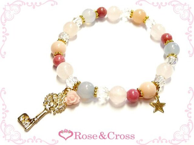 姫系鍵&薔薇のブレスレット天然石ピンクオパール、ロードナイトパワーストーン!結婚式やパーティーなどの画像1枚目