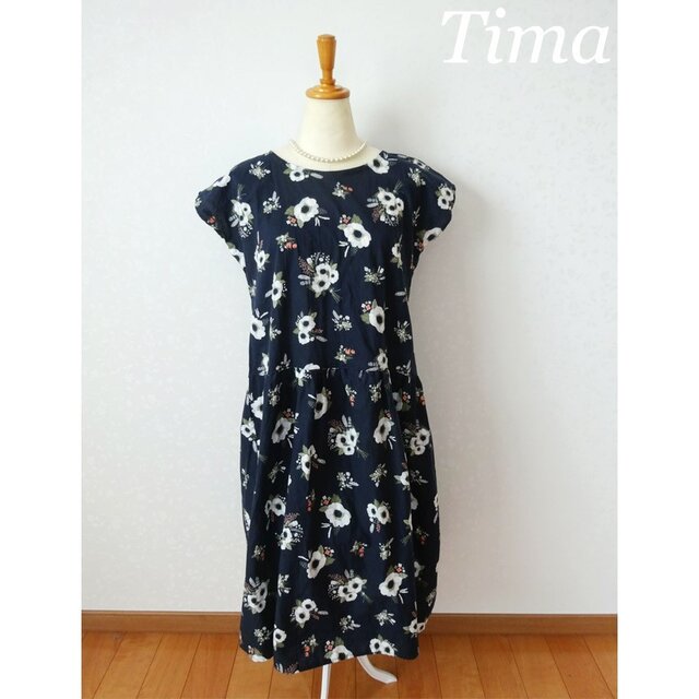 シックなブーケのローウエスト 半袖ワンピース