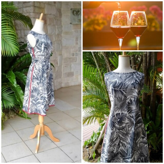 (Ｍ)　フレンチ シック アクセントライン ドレス ワンピース 南国リーフ×パッションレッド（赤） オーダー サイズ直し可