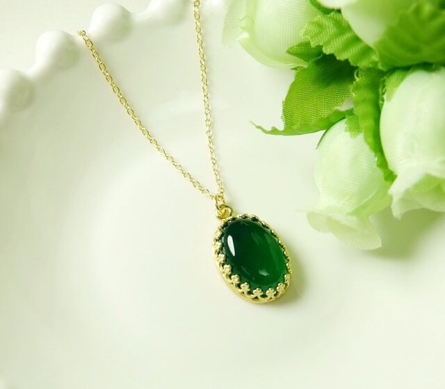 最終価格❗️アンティーク　 グリーンオニキス ネックレス 極上カット☆グリーンオニキスのシャンデリアカット ネックレス｜14Kgf