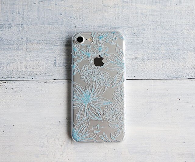 iPhoneクリアケース/ボタニカルフラワー柄ブルーラインの画像1枚目