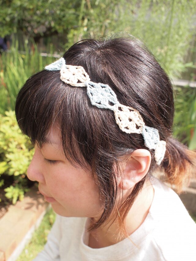 レトロガーリーヘアバンド【ブルー&ベージュ】の画像1枚目