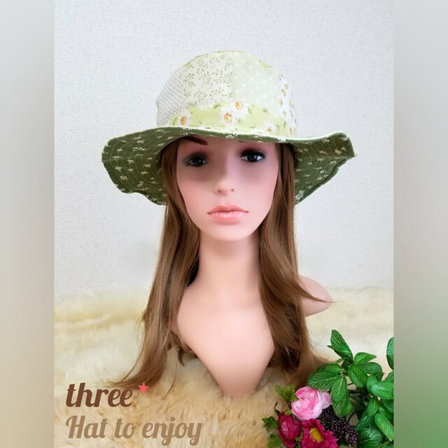 *サイズ調節付き ワイヤー入りハット *若草フラワーの画像1枚目