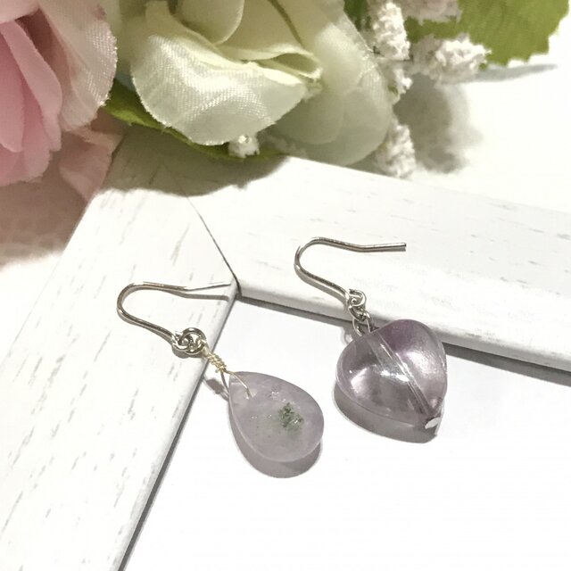 O フローライト ハート & しずく ピアス / イヤリング (金具変更可)(P-4408)の画像1枚目