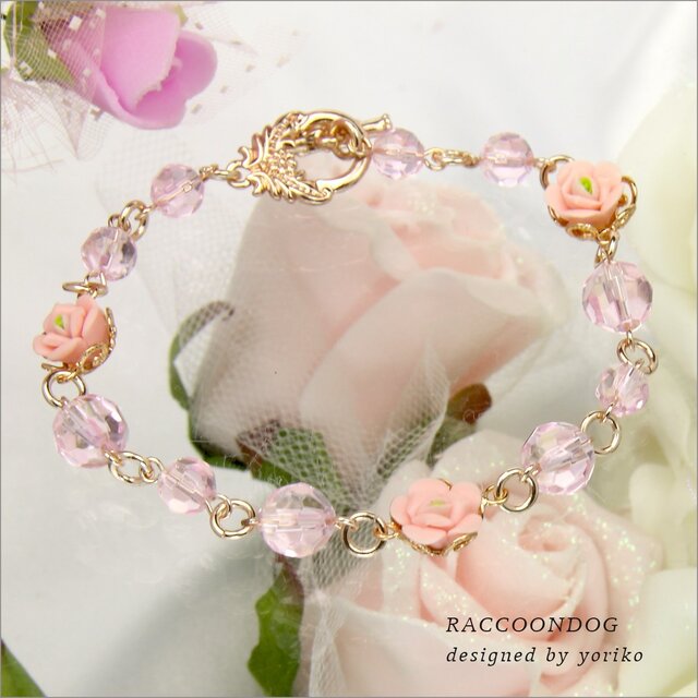 （一点物）フィモ薔薇ローズビーズブレスレット（金具ピンクゴールド）《ビーズアクセサリー》