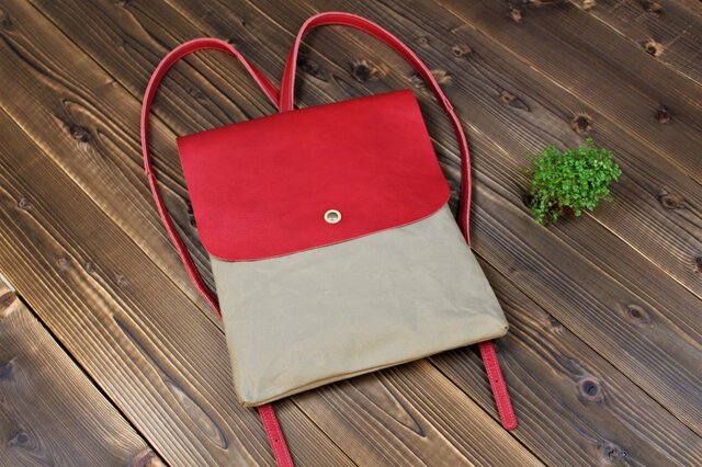 革(レザー)×帆布(ハンプ)リュック レッド×グレーベージュの画像1枚目