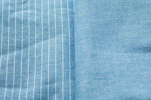 Y様オーダー商品/47cm丈カフェエプロン/綿麻スペックストライプ(ブルー)×綿麻スペック無地(ブルー)の画像1枚目