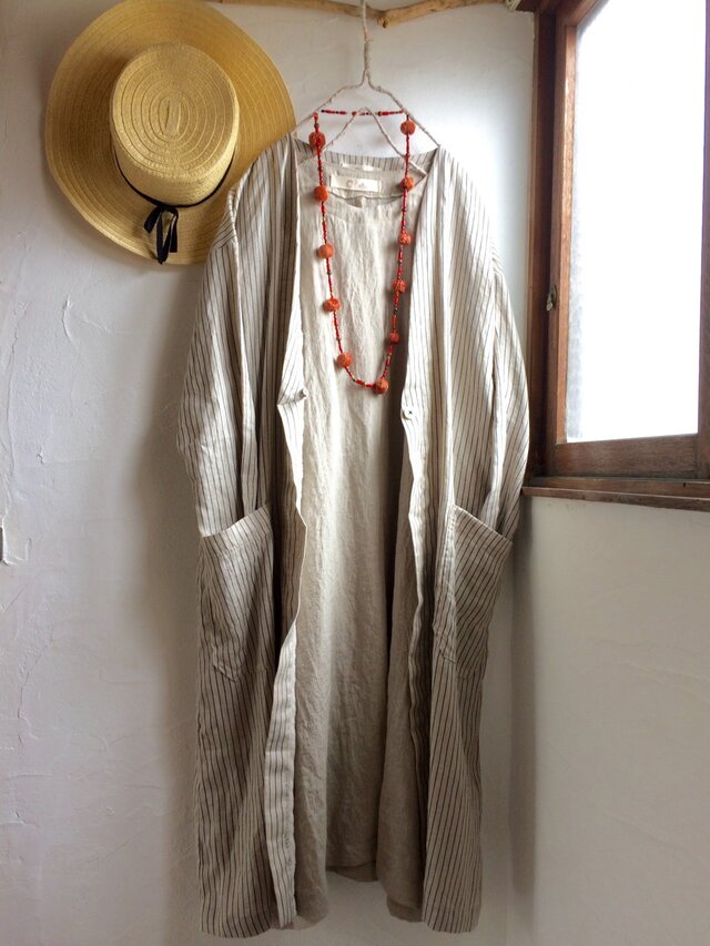 M様ご予約品 リネン１００　シックストライプアトリエコート　生成り×ネイビー