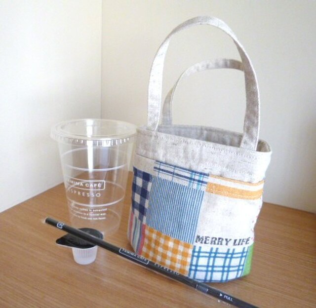 超便利☆コンビニコーヒー収納ミニトートバッグ(大)*チェックストライプドットの画像1枚目